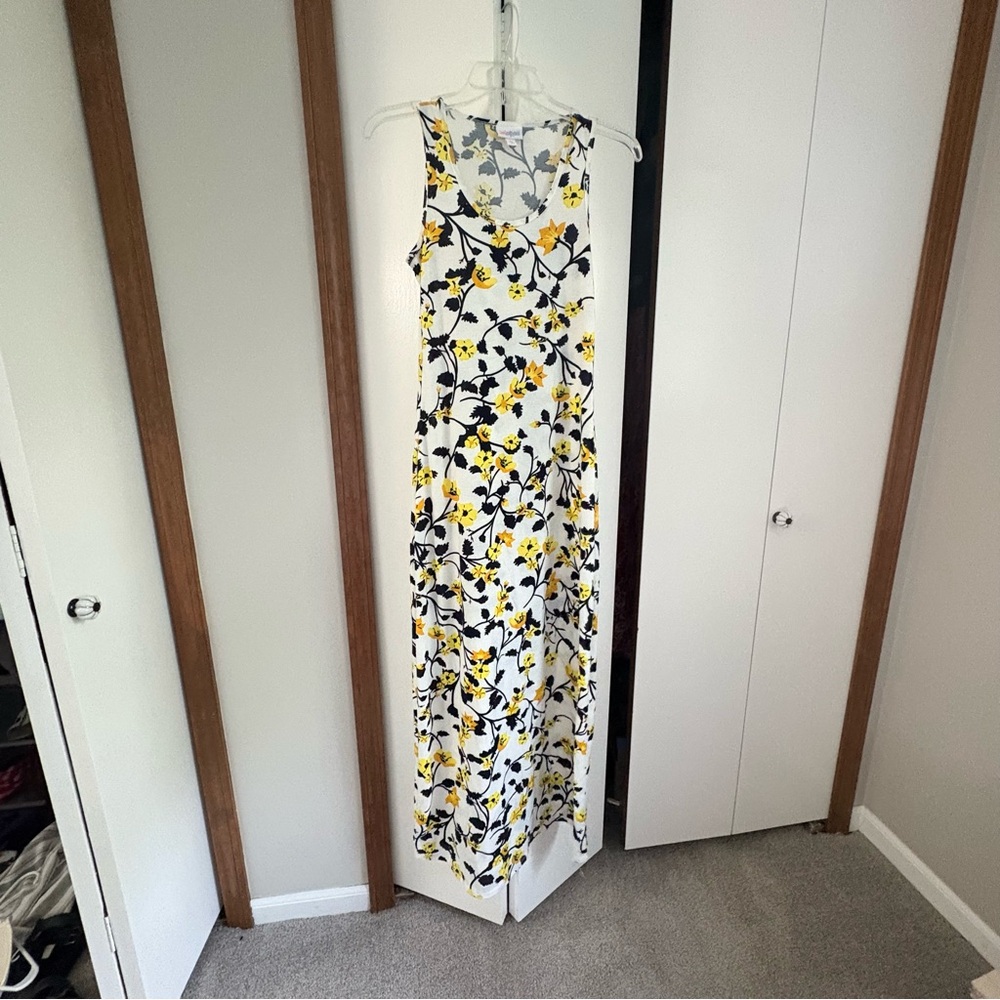 Lularoe LLR XS Dani Maxi Tank Dress - White Yellow Gold Navy Blue